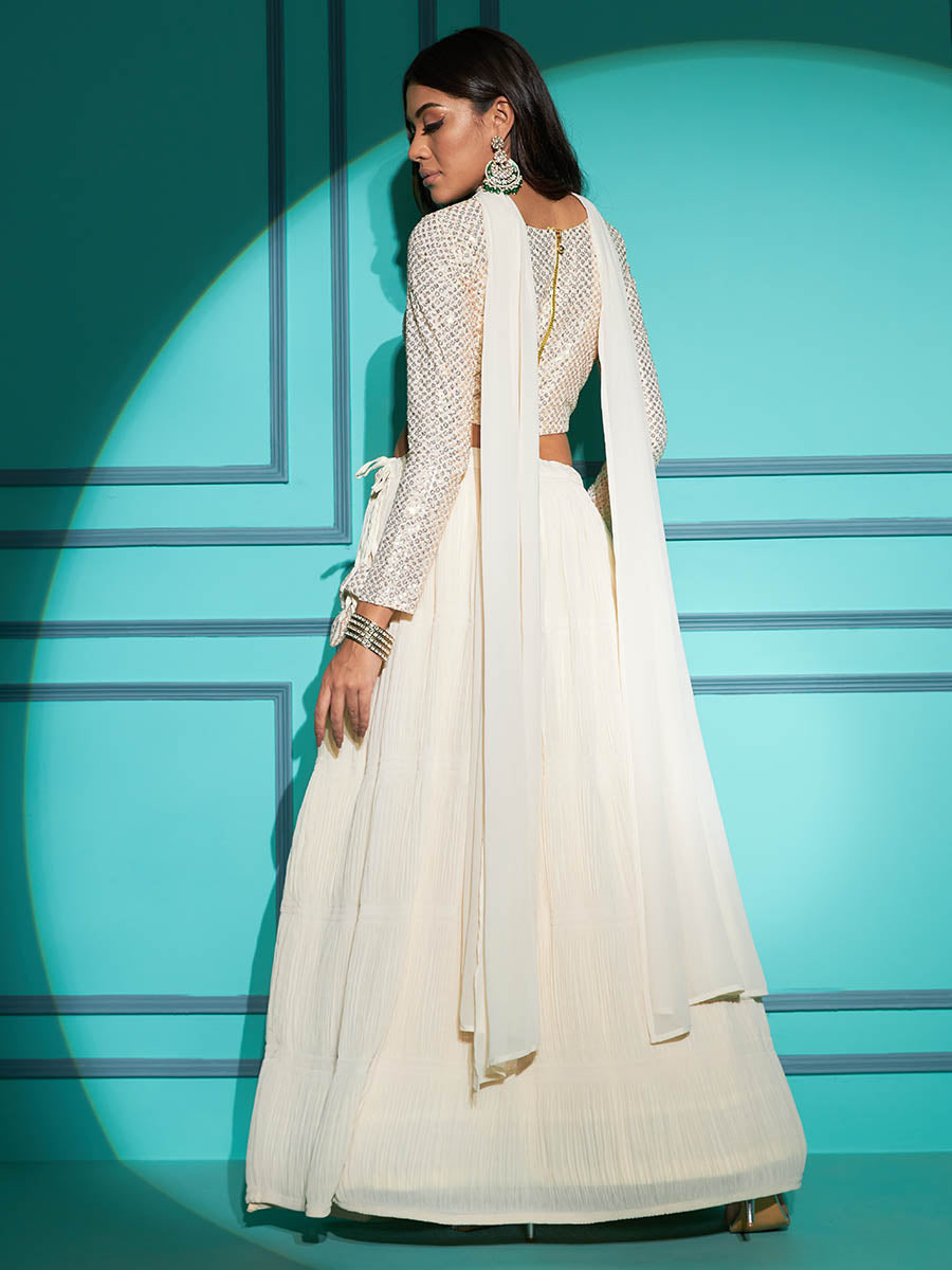 Myra Pearl White Georgette Embroidered Designer Lehenga | Grocsy