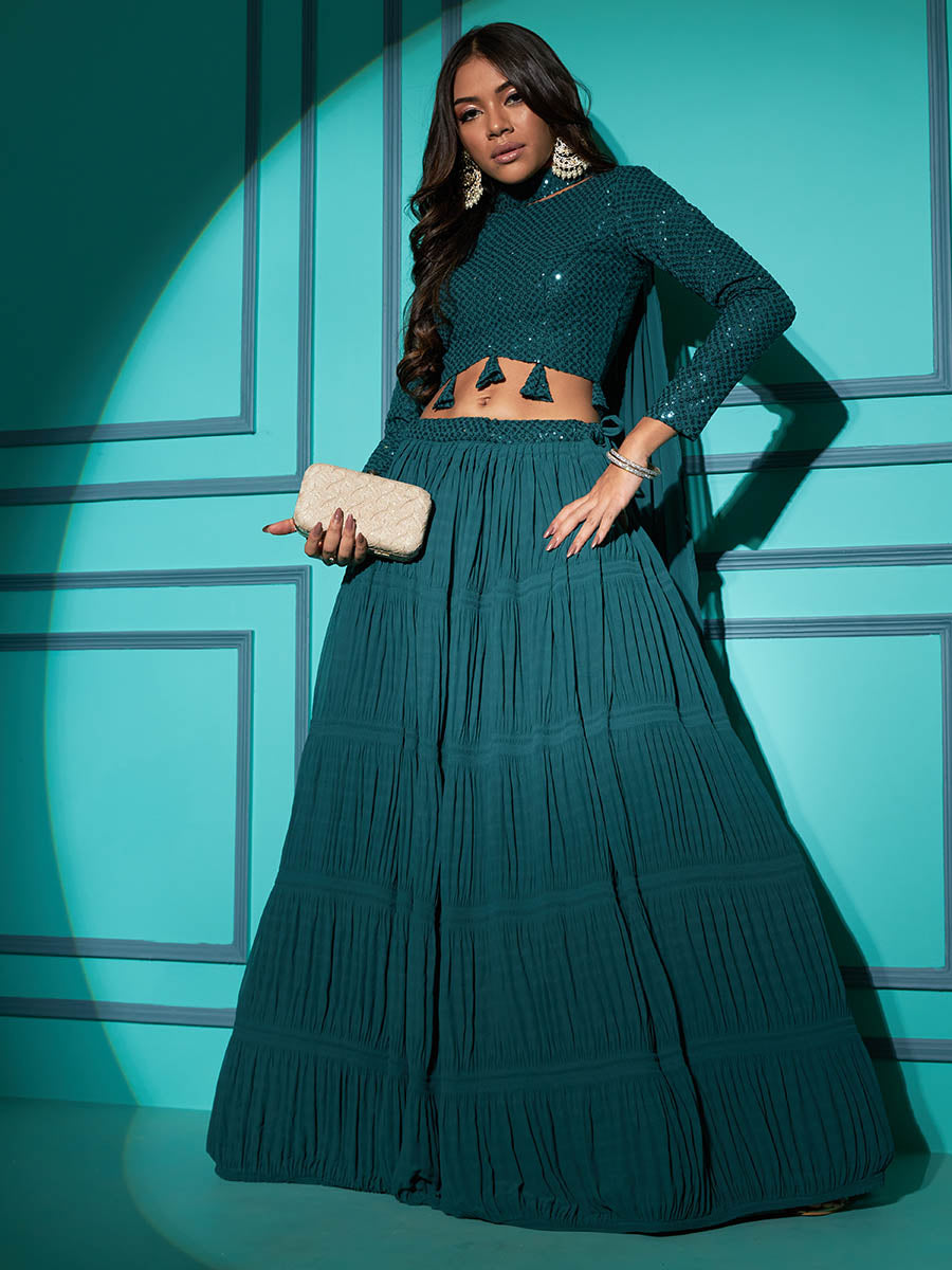 Myra Pista Green Georgette Embroidered Designer Lehenga | Grocsy
