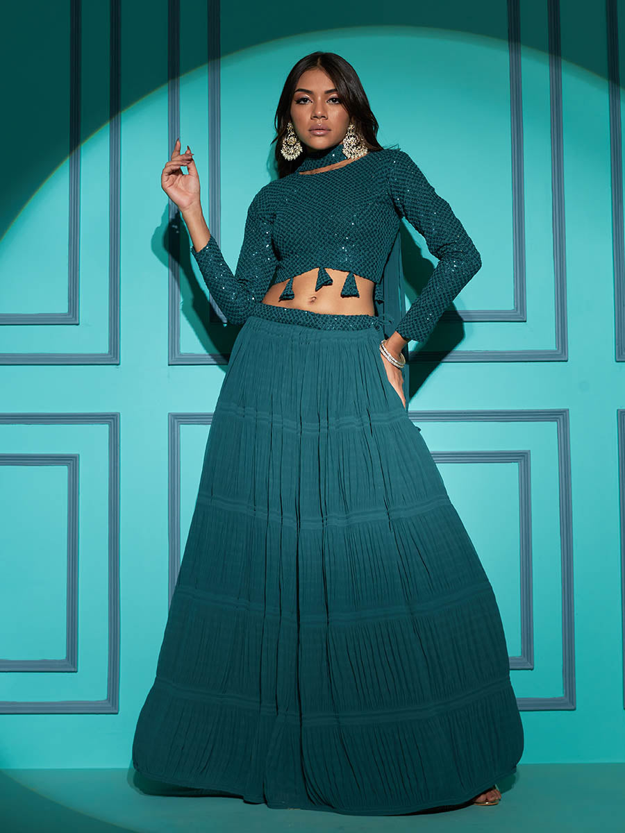 Myra Pista Green Georgette Embroidered Designer Lehenga | Grocsy