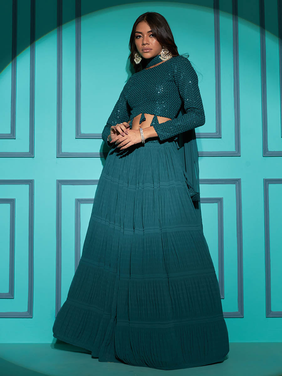 Myra Pista Green Georgette Embroidered Designer Lehenga | Grocsy