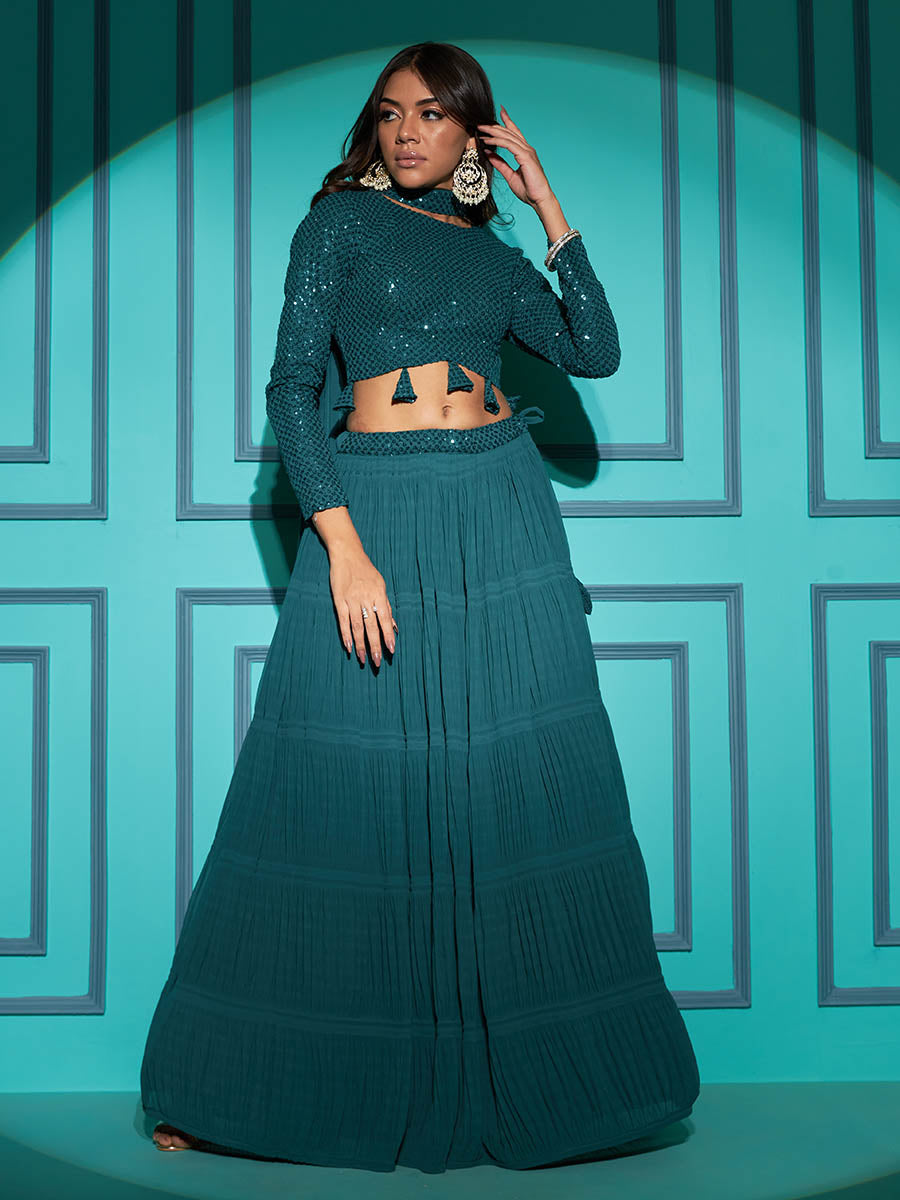 Myra Pista Green Georgette Embroidered Designer Lehenga | Grocsy