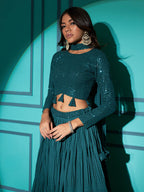 Myra Pista Green Georgette Embroidered Designer Lehenga | Grocsy