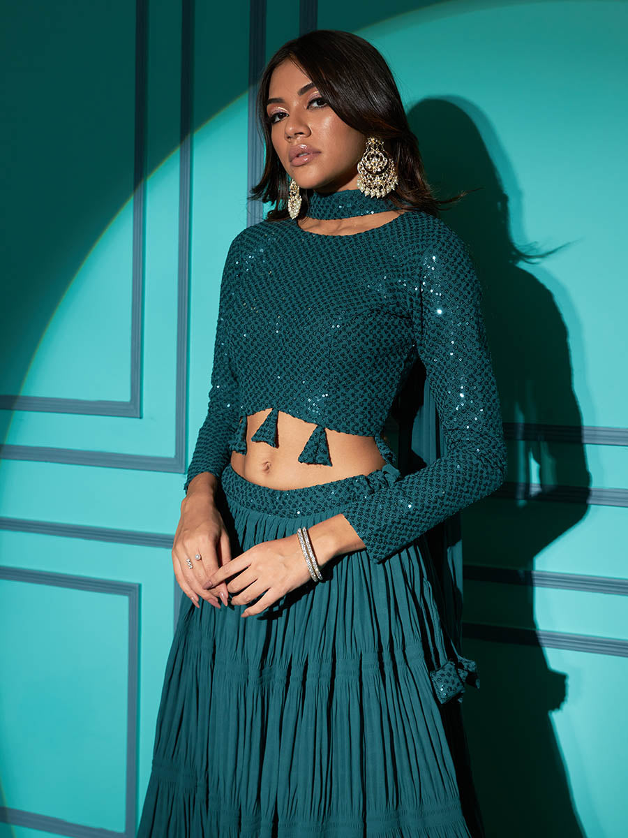 Myra Pista Green Georgette Embroidered Designer Lehenga | Grocsy