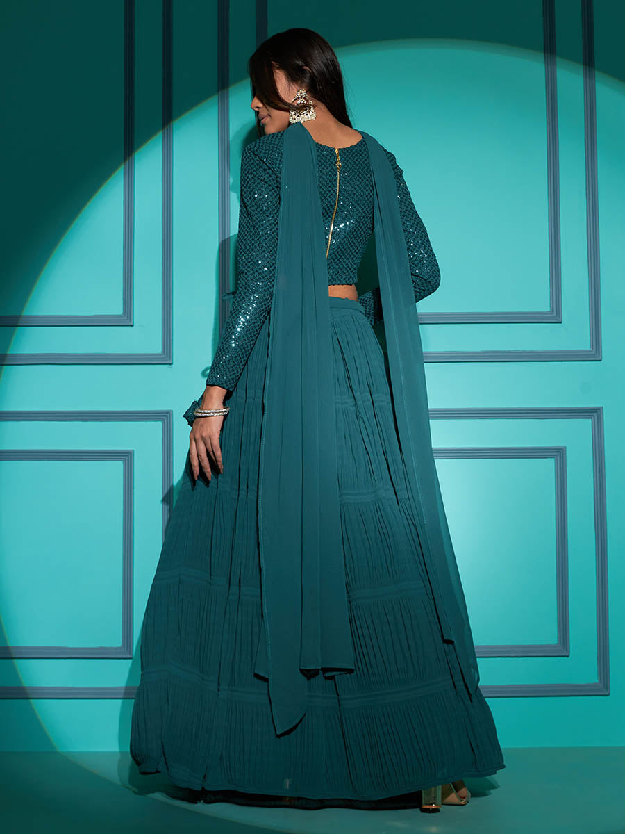 Myra Pista Green Georgette Embroidered Designer Lehenga | Grocsy
