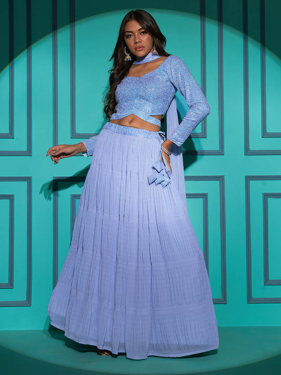 Myra Dusty Sky Georgette Embroidered Designer Lehenga | Grocsy