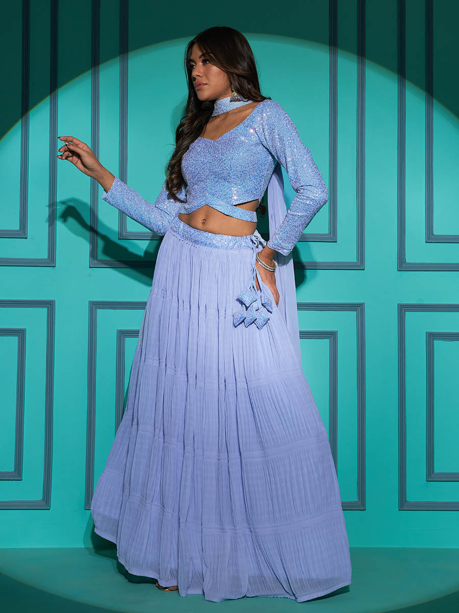 Myra Dusty Sky Georgette Embroidered Designer Lehenga | Grocsy