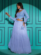 Myra Dusty Sky Georgette Embroidered Designer Lehenga | Grocsy