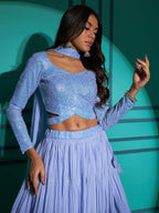 Myra Dusty Sky Georgette Embroidered Designer Lehenga | Grocsy