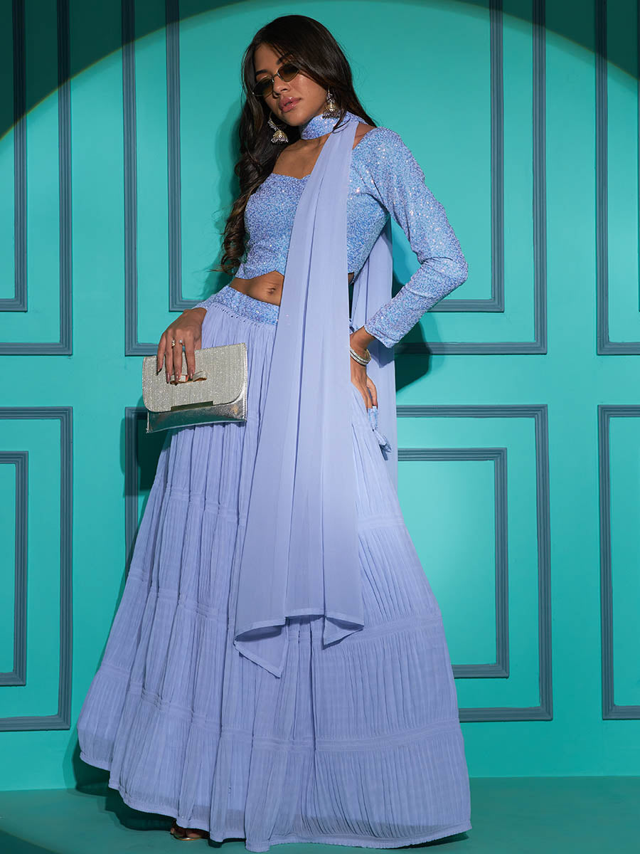 Myra Dusty Sky Georgette Embroidered Designer Lehenga | Grocsy