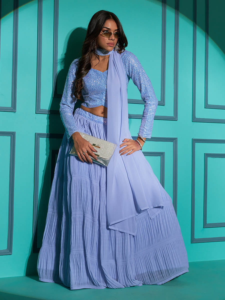 Myra Dusty Sky Georgette Embroidered Designer Lehenga | Grocsy