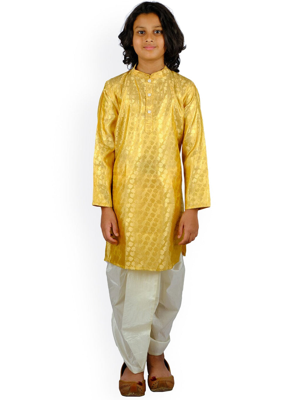 Sethukrishna Boys Gold-Toned & White Ethnic Motifs Printed Kurta with Dhoti Pants | Grocsy