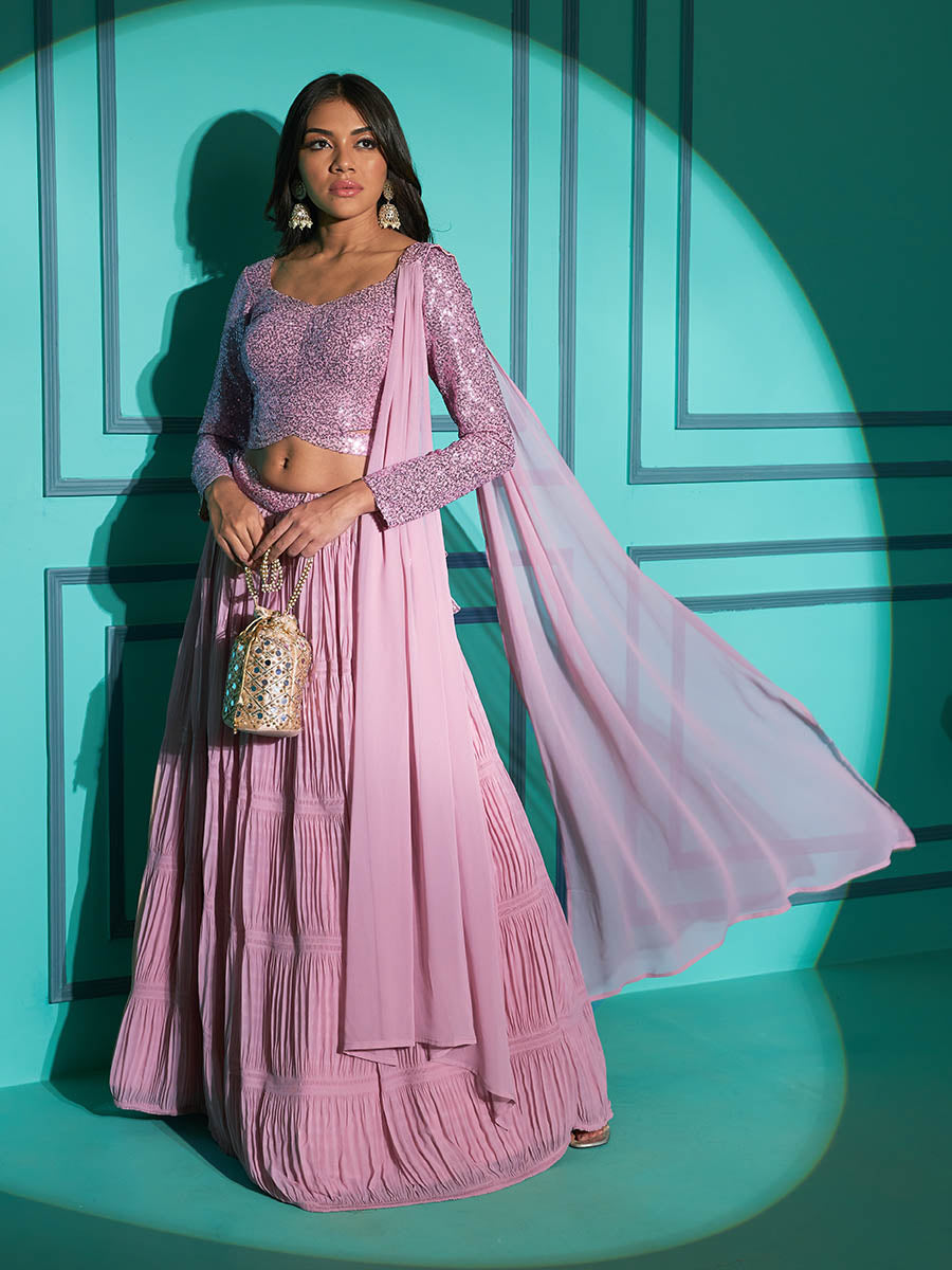 Myra Dusty Pink Georgette Embroidered Designer Lehenga | Grocsy