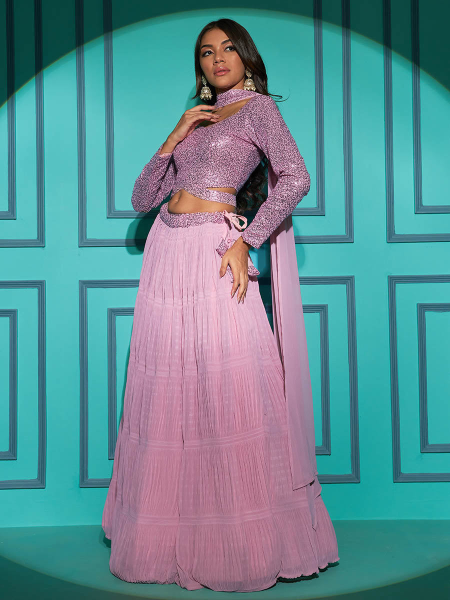 Myra Dusty Pink Georgette Embroidered Designer Lehenga | Grocsy