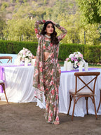Vastranavya Mehendi Weightless Marble Printed & Pearl Lace Border Saree with Unstitched Blouse | Grocsy