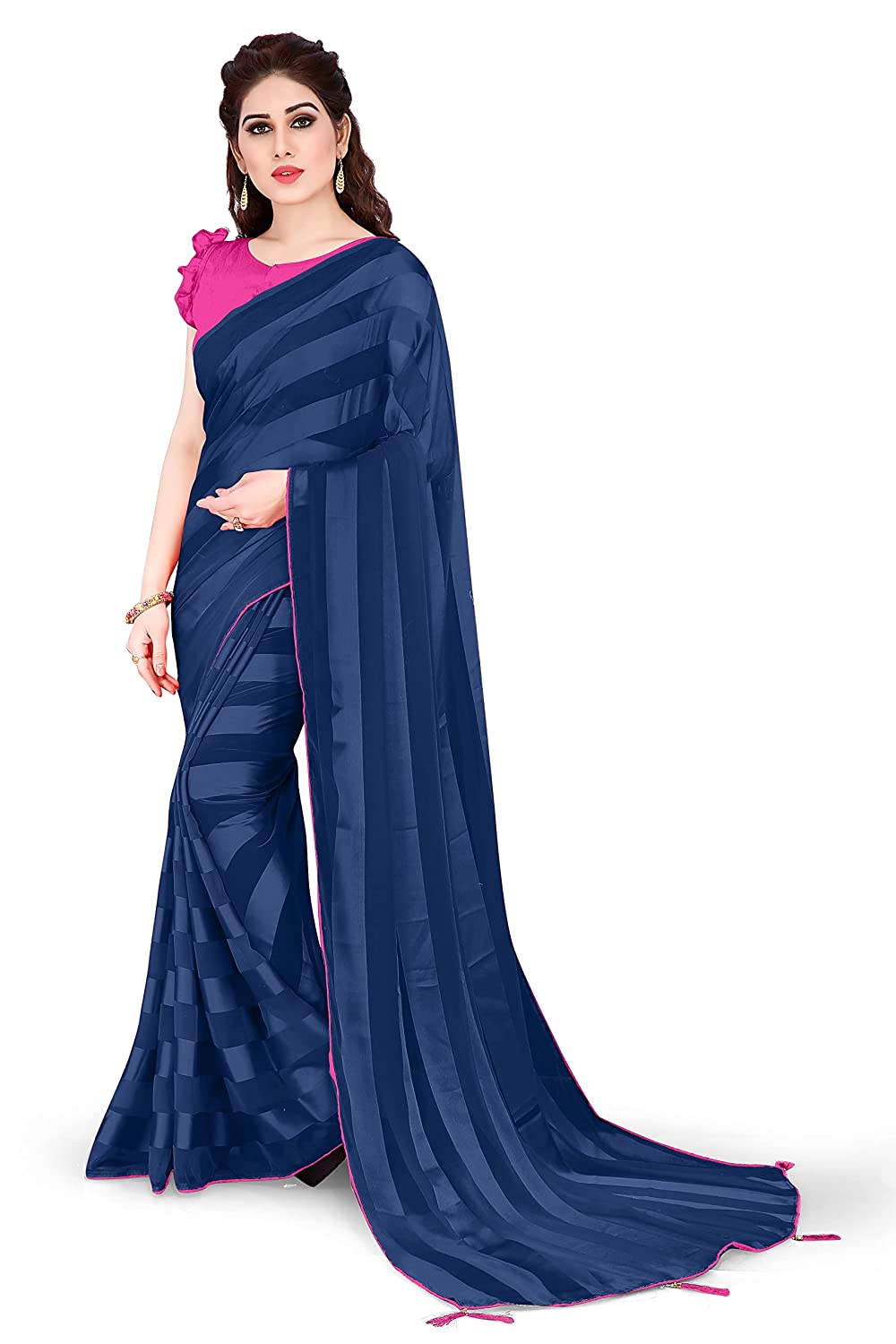Mirchi Fashion Women'S Georgette Shiny Satin Stripes Laining Pattern Saree | Grocsy