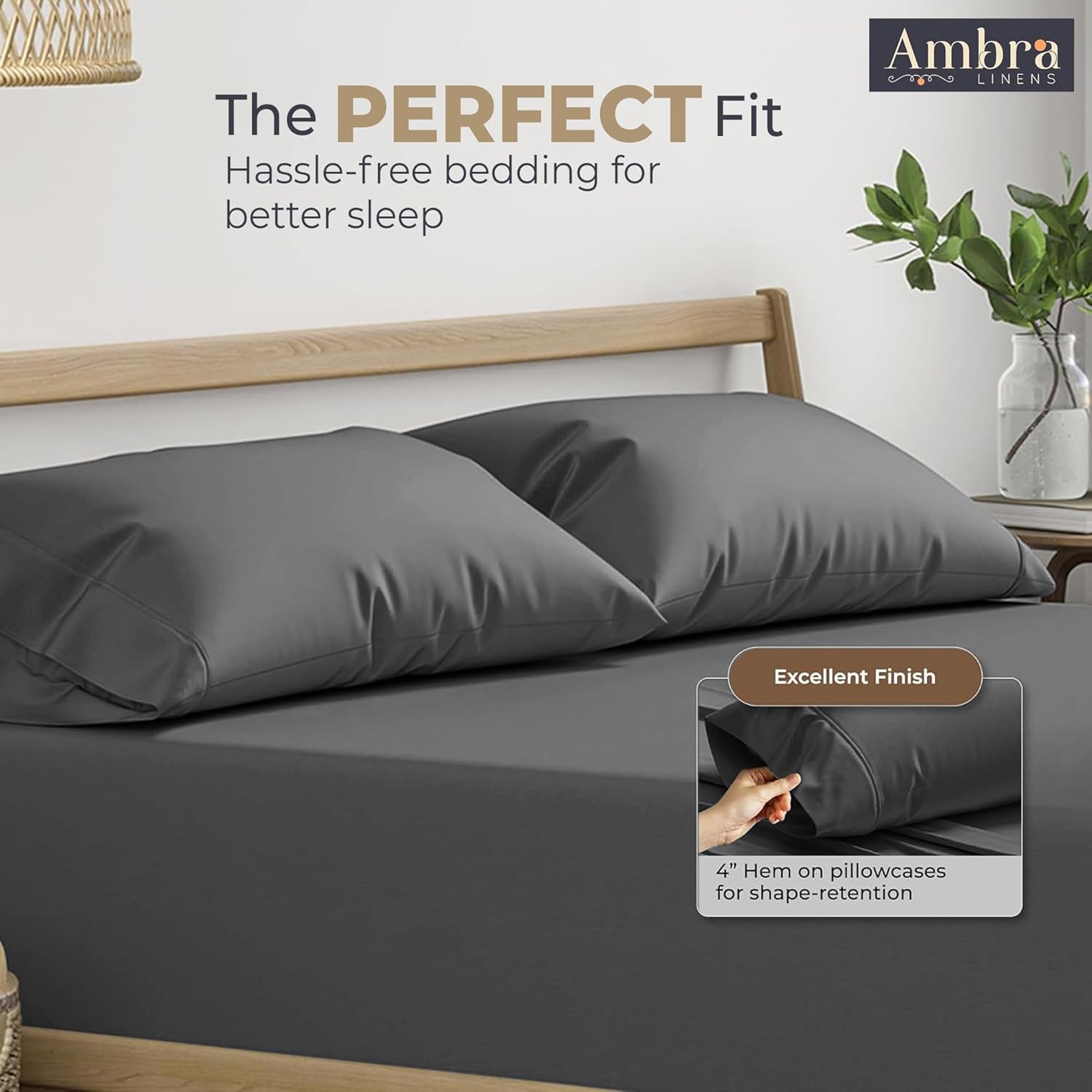 Ambra Linens Ultra Soft Pillow Protectors 400TC Set of 2 Breathable Pillow Covers-Grey | Grocsy