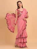 Lorenvalley Fashion Peach Faux Georgette Ruffle Saree with Fancy Sequence work & Blouse | Grocsy