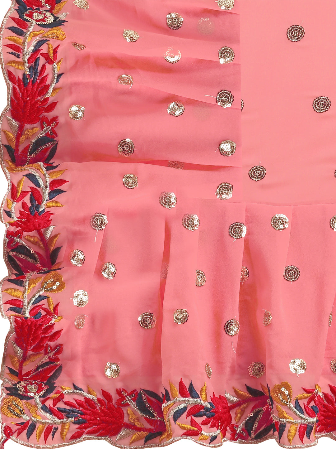 Lorenvalley Fashion Peach Faux Georgette Ruffle Saree with Fancy Sequence work & Blouse | Grocsy