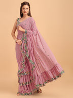 Lorenvalley Fashion Pink Faux Georgette Ruffle Saree with Fancy Sequence work & Blouse | Grocsy