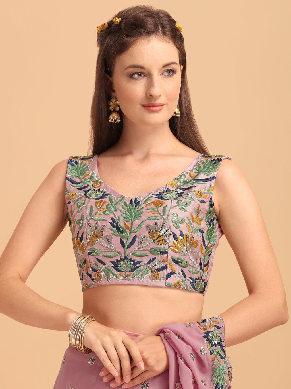 Lorenvalley Fashion Pink Faux Georgette Ruffle Saree with Fancy Sequence work & Blouse | Grocsy