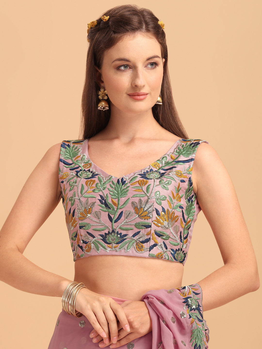 Lorenvalley Fashion Pink Faux Georgette Ruffle Saree with Fancy Sequence work & Blouse | Grocsy