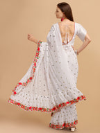Lorenvalley Fashion White Faux Georgette Ruffle Saree with Fancy Sequence work & Blouse | Grocsy