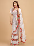 Lorenvalley Fashion White Faux Georgette Ruffle Saree with Fancy Sequence work & Blouse | Grocsy