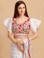 Lorenvalley Fashion White Faux Georgette Ruffle Saree with Fancy Sequence work & Blouse | Grocsy