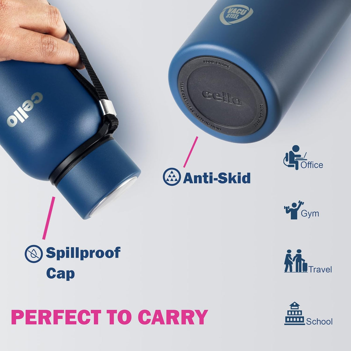 CELLO Duro Kent Insulated Stainless Steel Flask Water Bottle for Daily Use 750 ml, Dark Blue | Grocsy