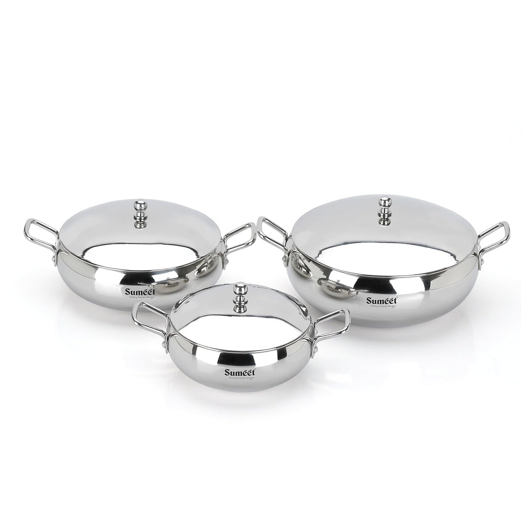 Sumeet Stainless Steel Apple Shape Cook and Serve Handi Set with Lid and Handle|3 Pieces - 650ml, 1150ml & 1700ml | Grocsy