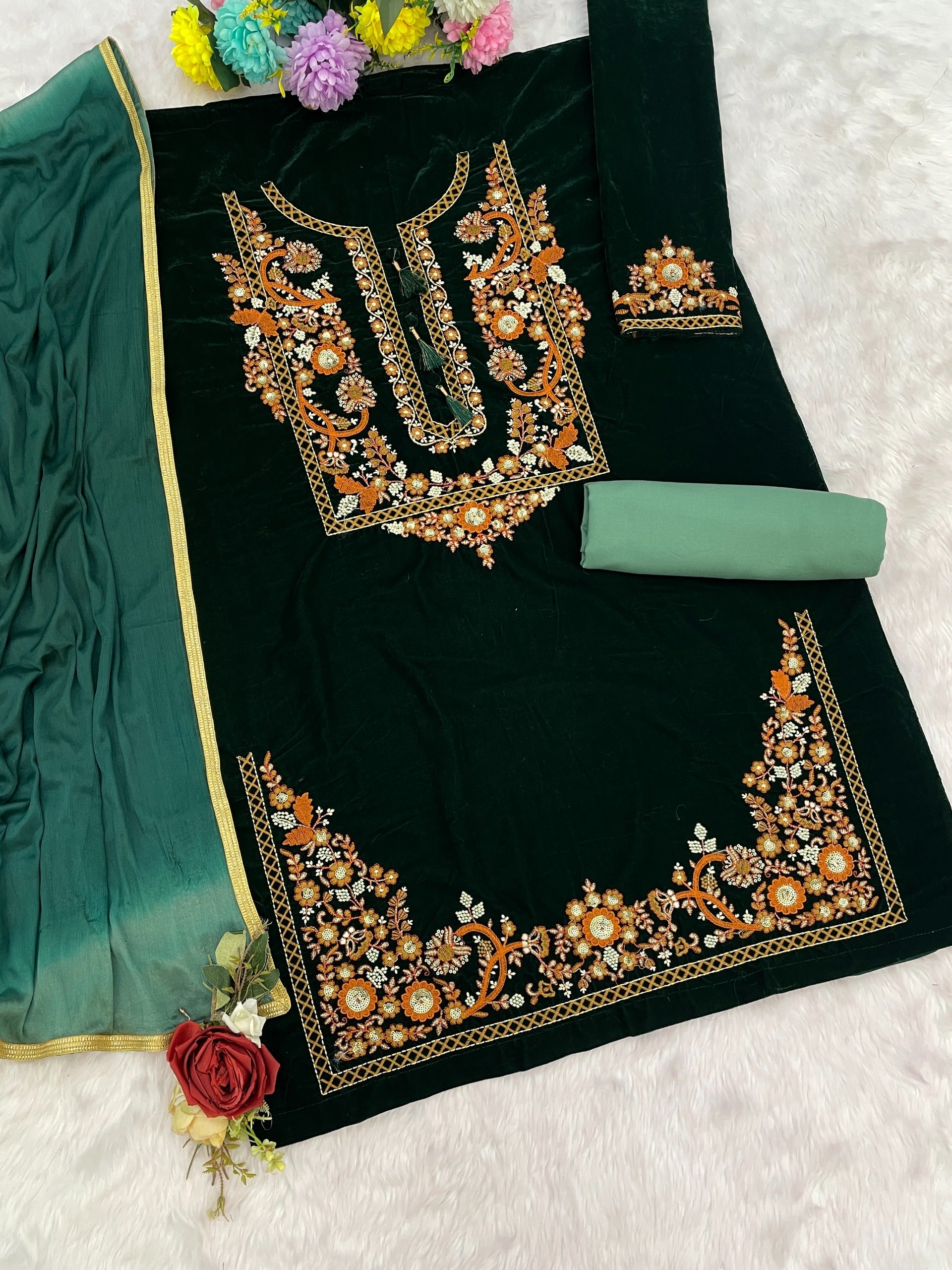 Anaita Green Embroidery Sequence & Thread Work Velvet Salwar Suit | Grocsy
