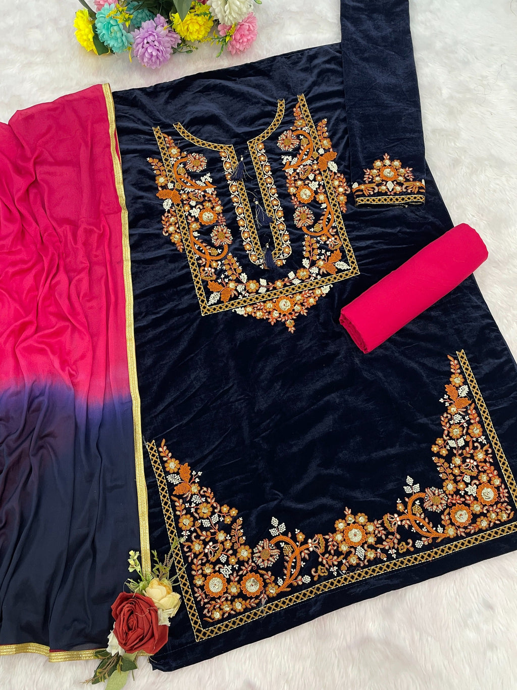 Anaita Black-Red Embroidery Sequence & Thread Work Velvet Salwar Suit | Grocsy