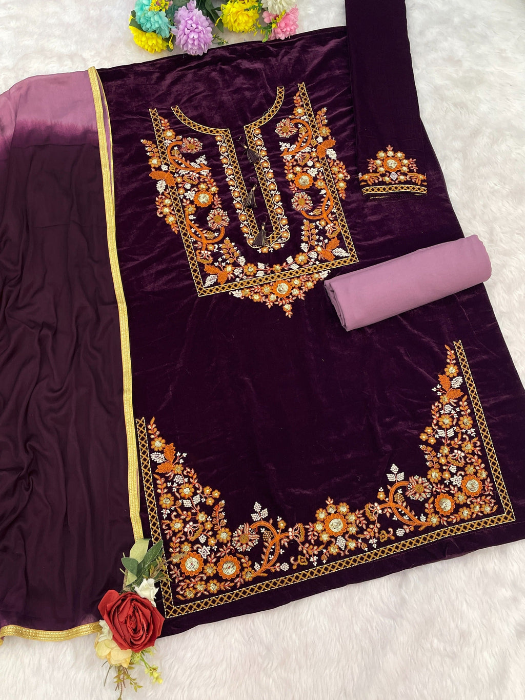 Anaita Lavender-Purple Embroidery Sequence & Thread Work Velvet Salwar Suit | Grocsy