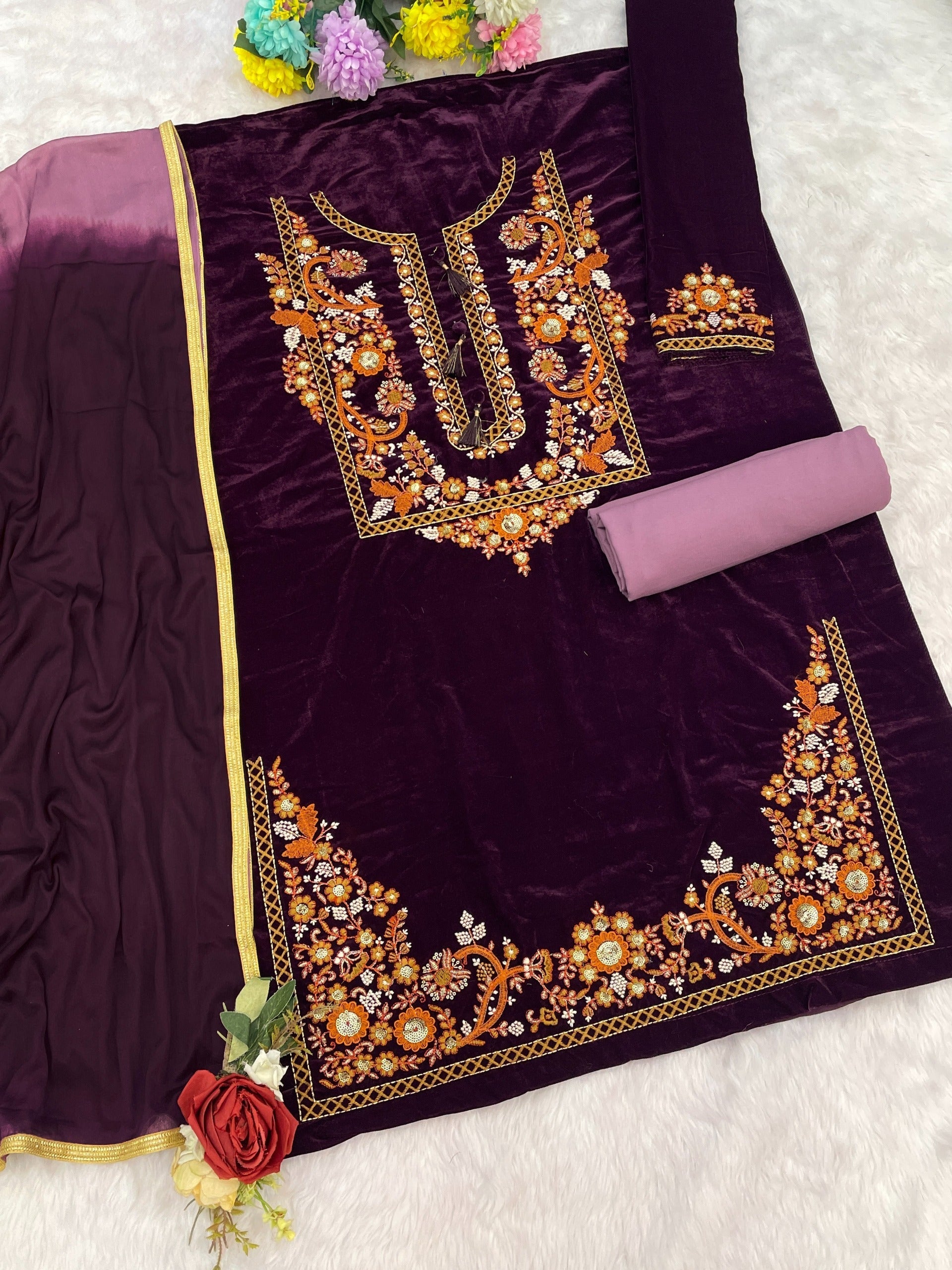 Anaita Lavender-Purple Embroidery Sequence & Thread Work Velvet Salwar Suit | Grocsy