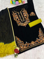 Anaita Mustard-Black Embroidery Sequence & Thread Work Velvet Salwar Suit | Grocsy