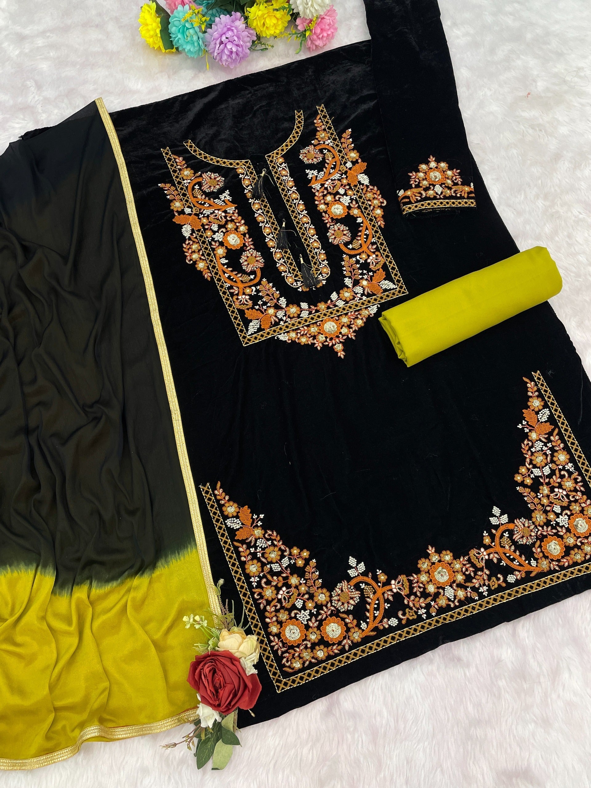 Anaita Mustard-Black Embroidery Sequence & Thread Work Velvet Salwar Suit | Grocsy