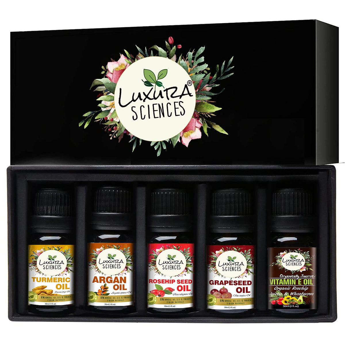 Luxura Sciences Organic Essential Oils for Skin Brightening & Tightening - Rosehip Oil, Argan Oil, Grape Seed Oil, Turmeric Oil, Vitamin E Oil | Grocsy