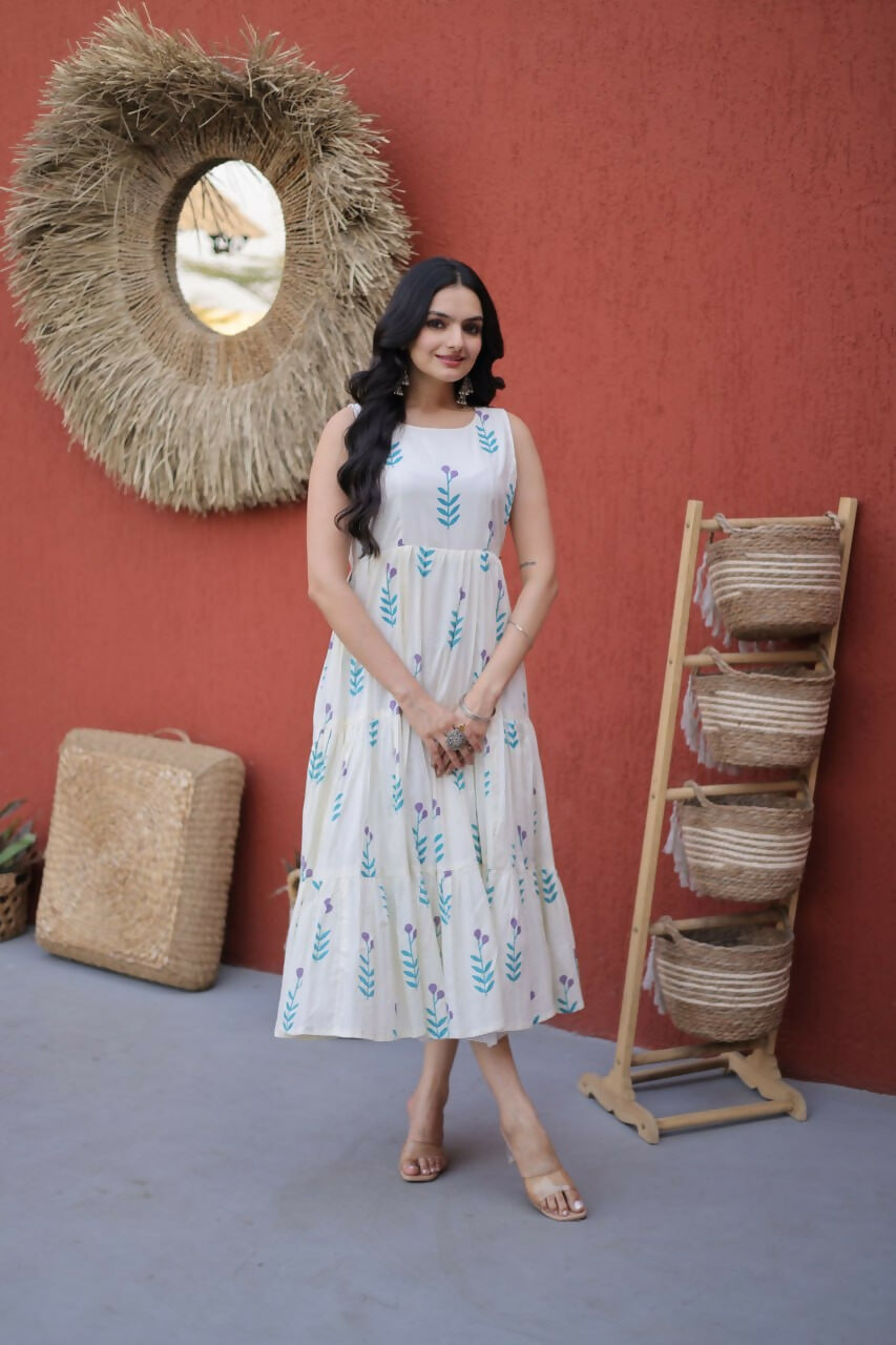 Teeya Creation Womens New Trendy Summer War Printed Cotton Gown Set-Blue | Grocsy