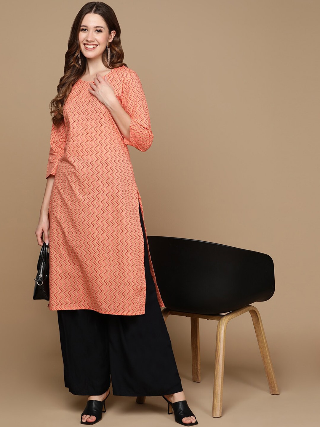 HERE&NOW Peach-Color & Red Chevron Printed Beads Pure Cotton Kurta | Grocsy