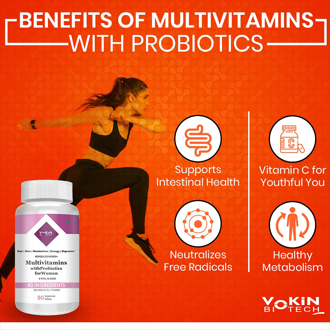 Vokin Biotech Multivitamin with Probiotics, With Vitamin C, Vitamin B, Vitamin D, Zinc, Supports Immunity and Gut health, For (Multivitamin For Women) | Grocsy