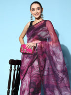 Tikhi Imli Purple & Grey Abstract Print Net Saree | Grocsy