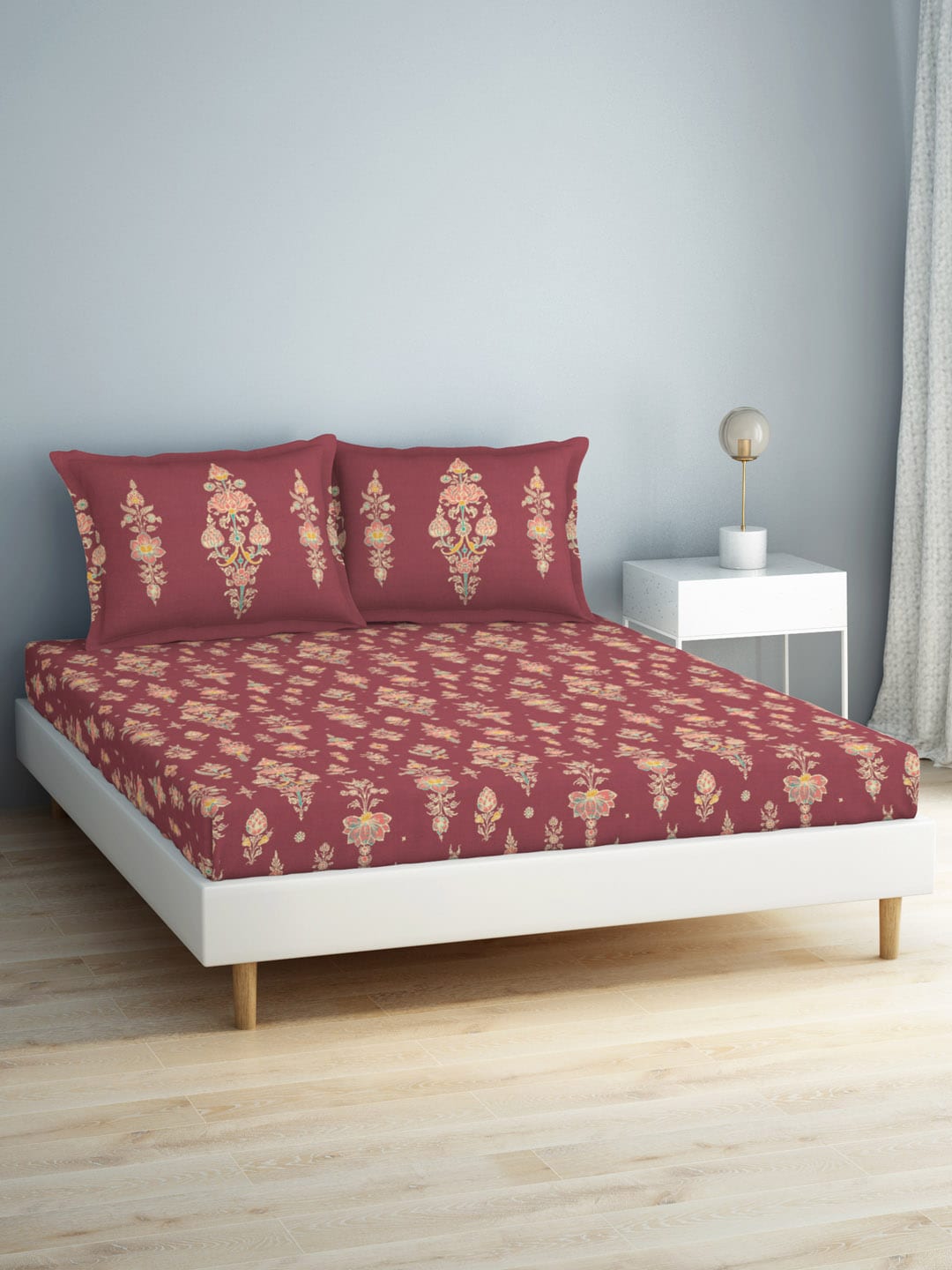 SPACES Aurum Red Ethnic Motifs Pure Cotton 140 TC Queen Bedsheet with 2 Pillow Covers | Grocsy