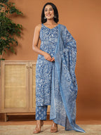 Yufta Blue Cotton Strappy Kurta Dupatta Set | Grocsy