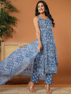 Yufta Blue Cotton Strappy Kurta Dupatta Set | Grocsy