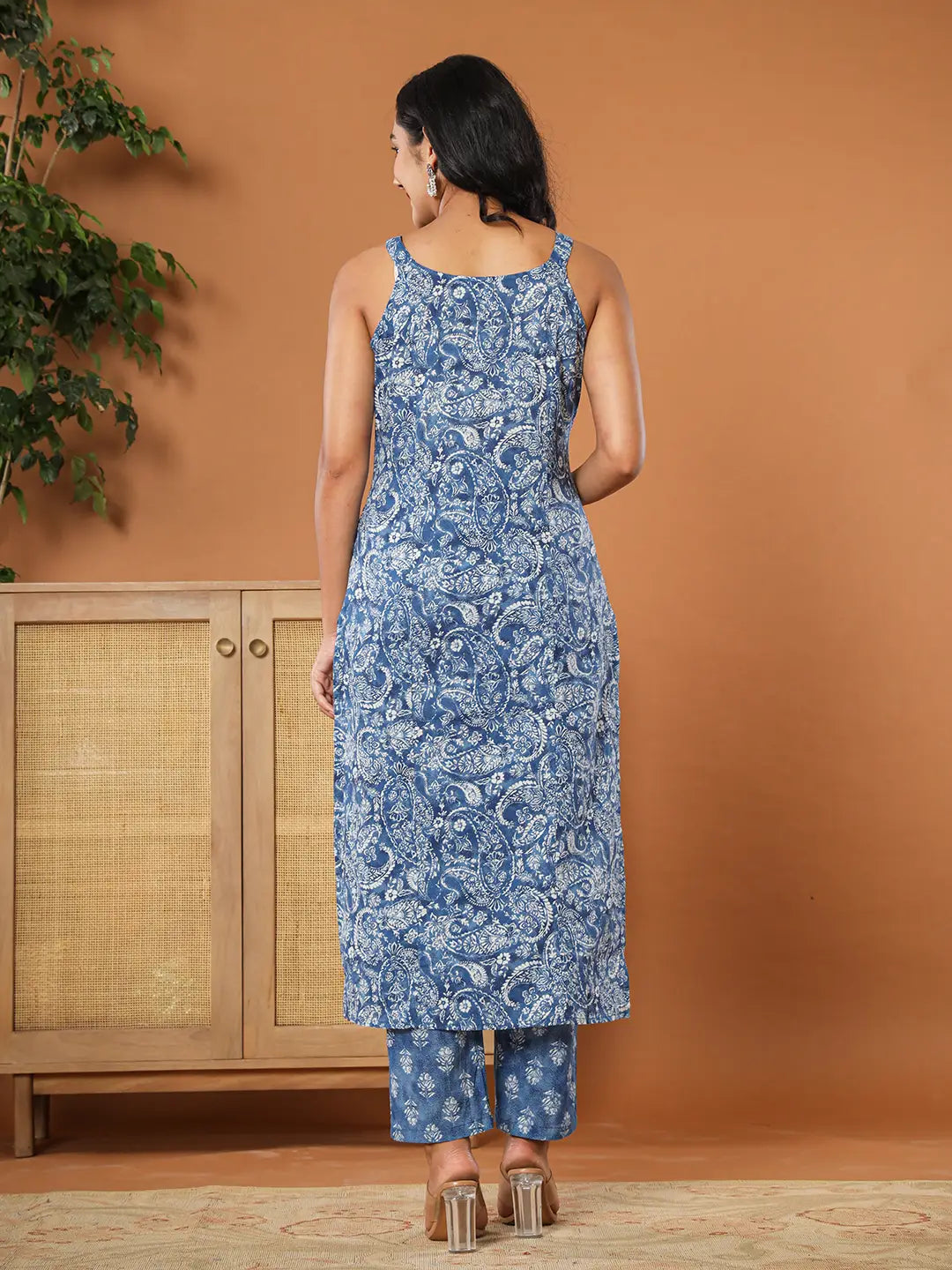 Yufta Blue Cotton Strappy Kurta Dupatta Set | Grocsy