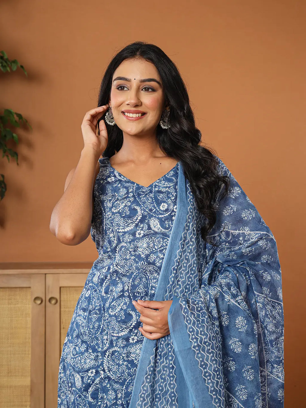 Yufta Blue Cotton Strappy Kurta Dupatta Set | Grocsy