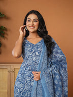Yufta Blue Cotton Strappy Kurta Dupatta Set | Grocsy