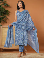Yufta Blue Cotton Strappy Kurta Dupatta Set | Grocsy