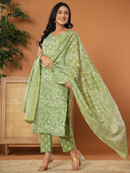 Yufta Green Cotton Strappy Kurta Dupatta Set | Grocsy
