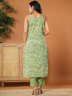 Yufta Green Cotton Strappy Kurta Dupatta Set | Grocsy